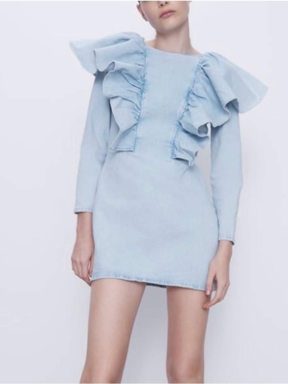 Zara Denim Ruffle Front Long Sleeve Mini Dress NWT size XS - Picture 4 of 6